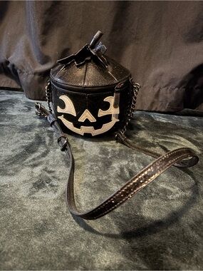 Black Pumpkin Crossbody Bag with Silver Jack-o'-Lantern Accent